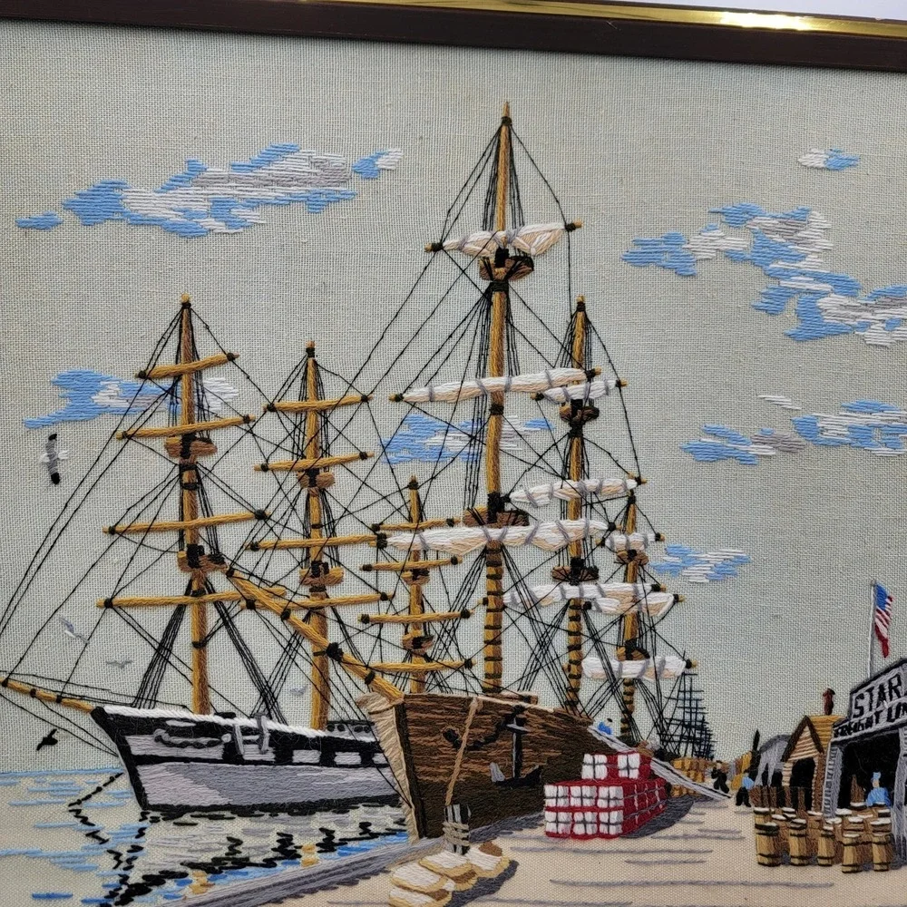 Vtg 70s Crewel Embroidery Harbor Scene Of Clipper Ship Framed Cottagecore Boho